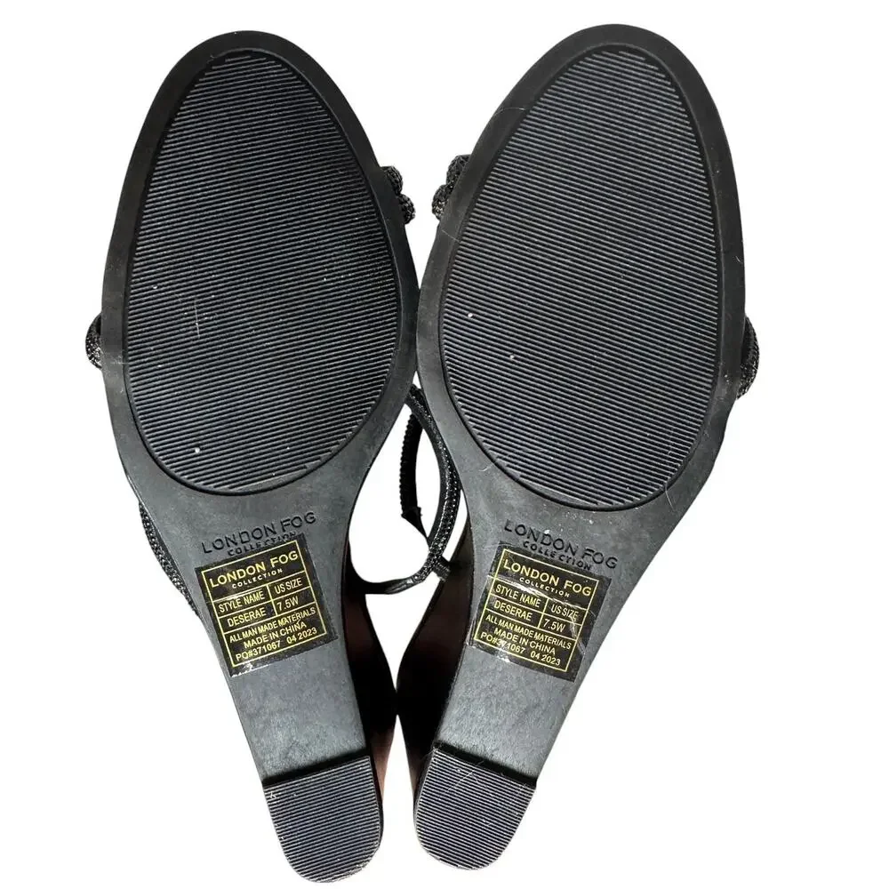 London Fog Women’s Size 7.5W Black Rhinestone Strappy Wedge Sandals